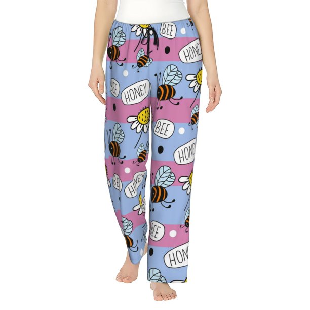 Fotbe Bees And Daisies Striped Pantalones de Pijama para Mujer, Pantalones de Dormir, Pantalones Pj con Cordón y Bolsillos-Large
