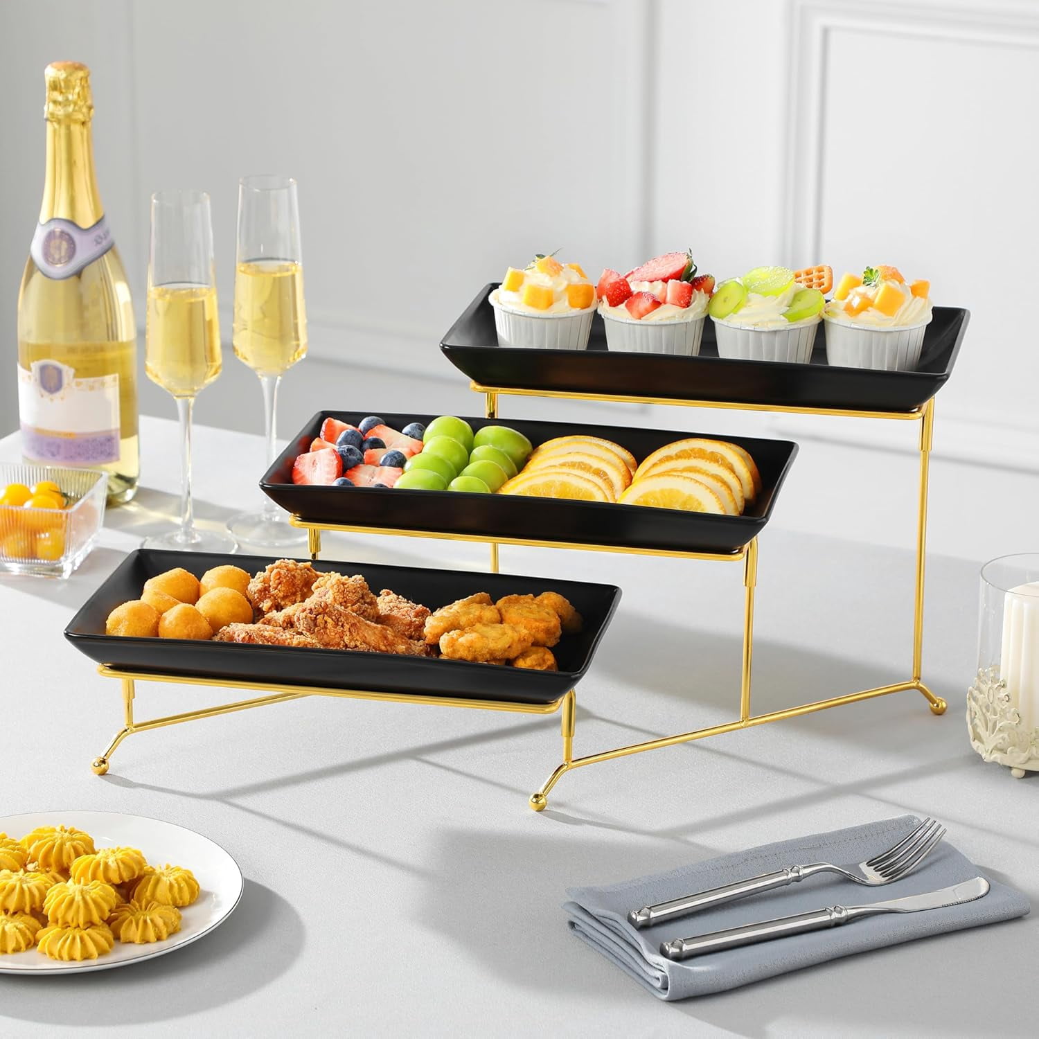3 Tier Serving Tray, Porcelain Tiered Tray Stand, 14 Inch Ceramic Serving Platter with Collapsible Sturdier Rack, Dessert Wihte, Series PLAT