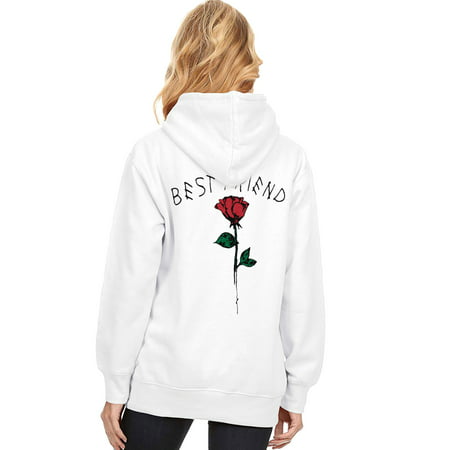 Women BEST FRIEND Rose Flower Printed Pullover Hoodie with Big