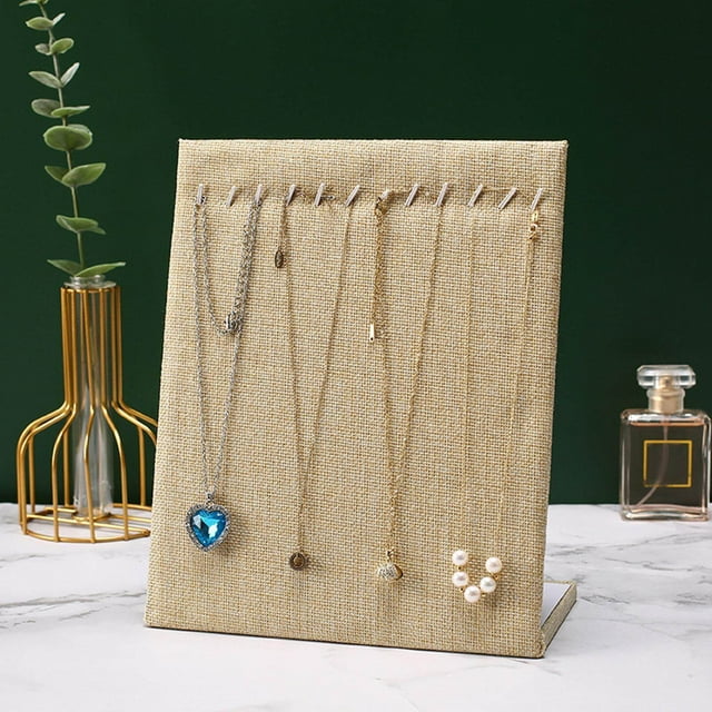 pitrice Necklace Pendant Display Stand Holder Jewelry Rack for Tabletop Shop Beige Linen