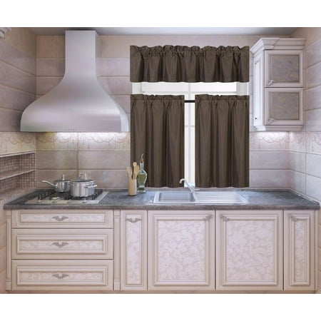 Brown Rod Pocket K3 Brown 3-Piece Blackout Rod Pocket Kitchen Window Curtain Set Darkening Tier Panels Treatment with Matching Valance ()