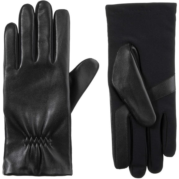 isotoner Women's Classic Stretch Leather Touchscreen Cold Weather Gloves, Fleece Lining Small-Medium Black