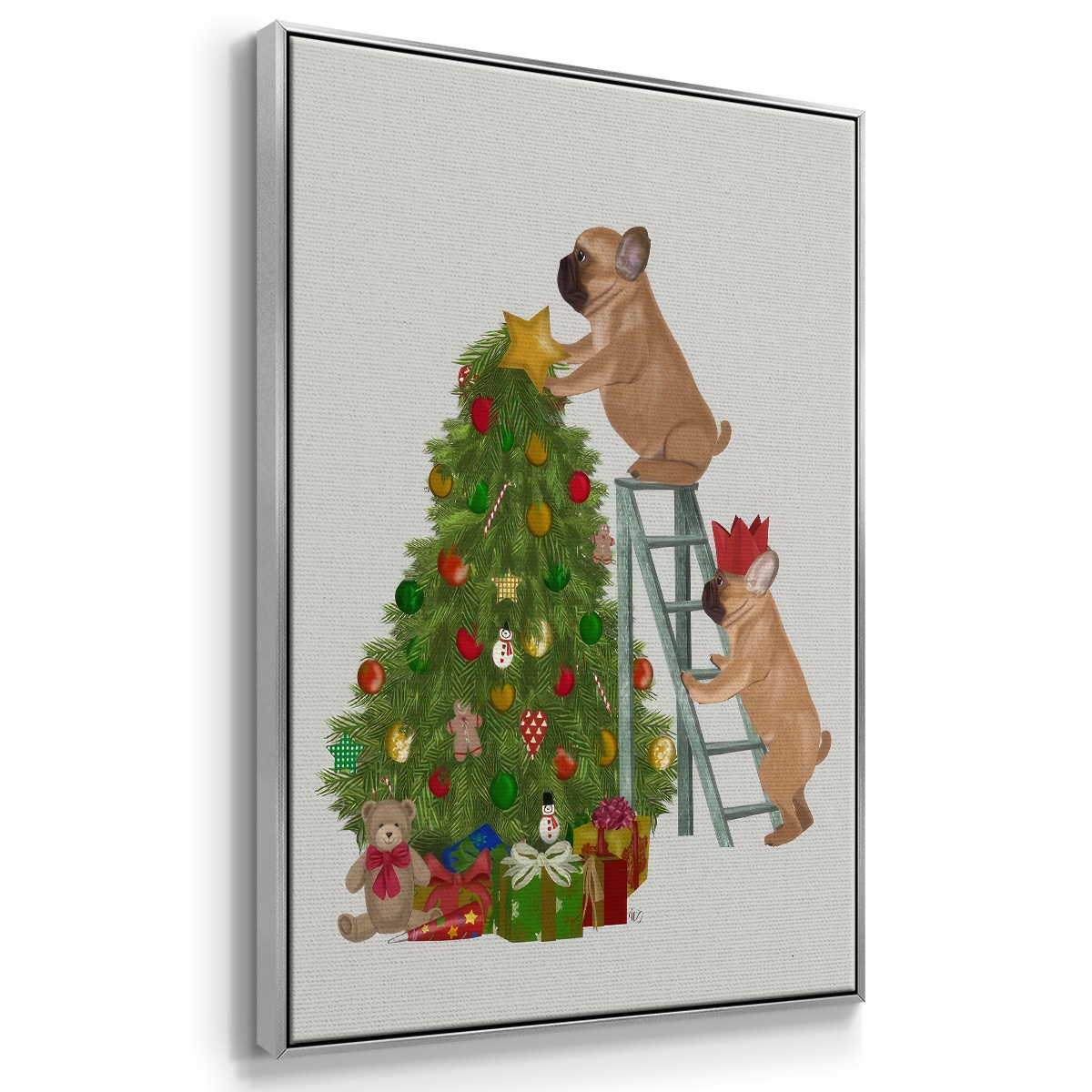 Christmas French Bulldog Tree Ladder - Framed Gallery Wrapped Holiday Canvas - 27 x 41 - Silver Frame