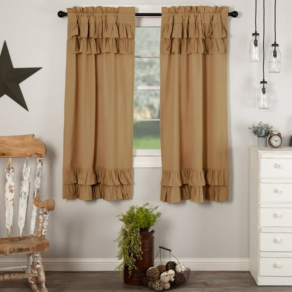 VHC Brands Simple Life Flax Khaki Country Farmhouse Window Curtain Ruffled Short Panel Set of 2 63x36