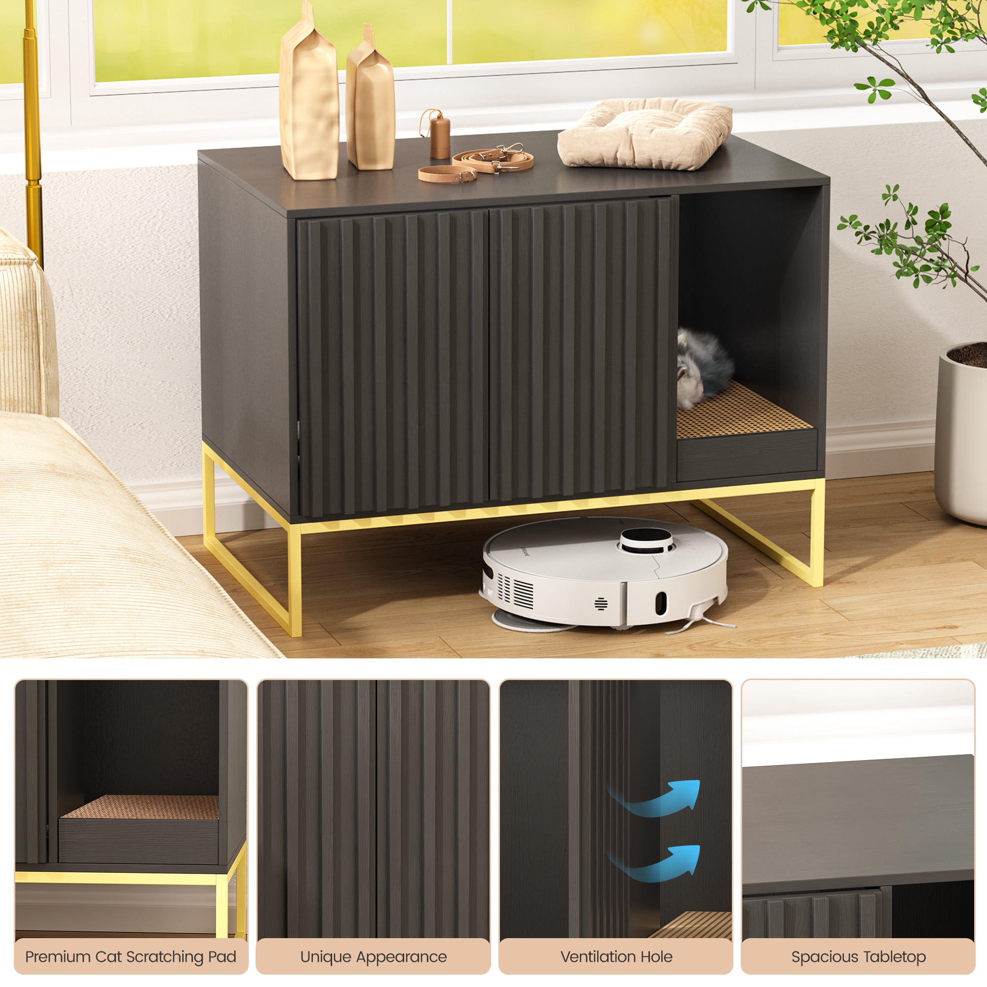 Veanerwood Fienveorn Litter Box Enclosure,Modern Cat Litter Box Enclosure Furniture Hidden Litter Box with Cat Scratch Pad, Cat Washroom Cat House End Table, Entryway Bench for Livingroom (Black)