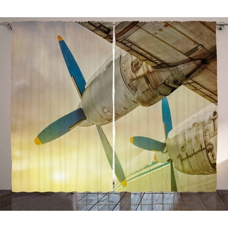 Vintage Airplane Curtains 2 Panels Set Old Wing Aircraft With