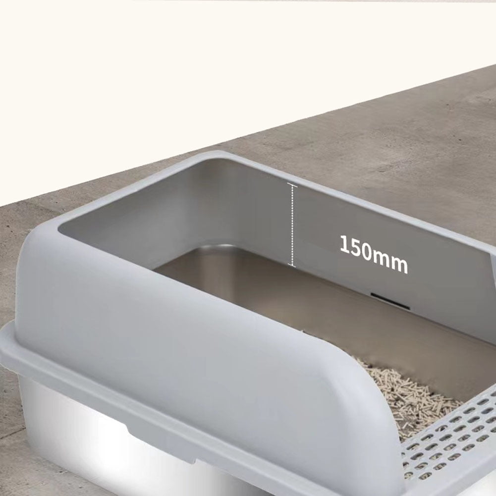 KUNWU Stainless Steel Semi-Closed Cat Litter Box 24" x 16" x 12" with Enclosure Lid, Scoop and Step, Easy Clean, Never Absorbs Odor (Anti Flash White - Rounded)