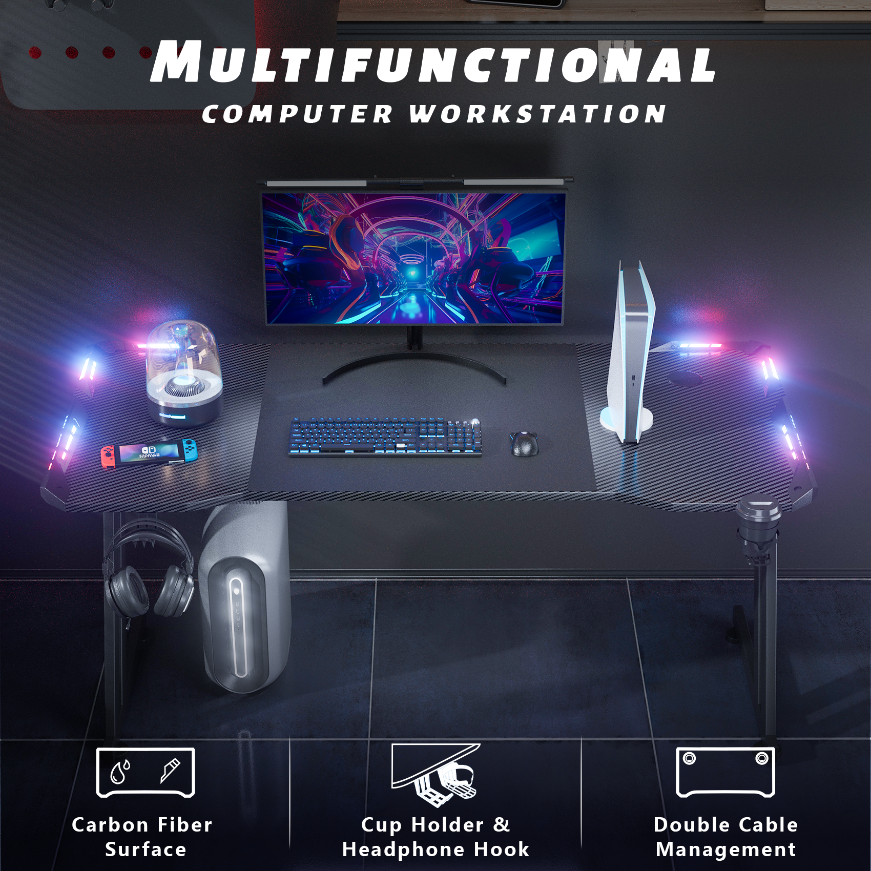 HLDIRECT 47" Gaming Desk with LED Lights, Black photo 3
