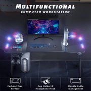 HLDIRECT 55 inch Gaming Desk with LED, Ergonomic PC Table with Cup Holder&Headphone Hook for Adults, Black
