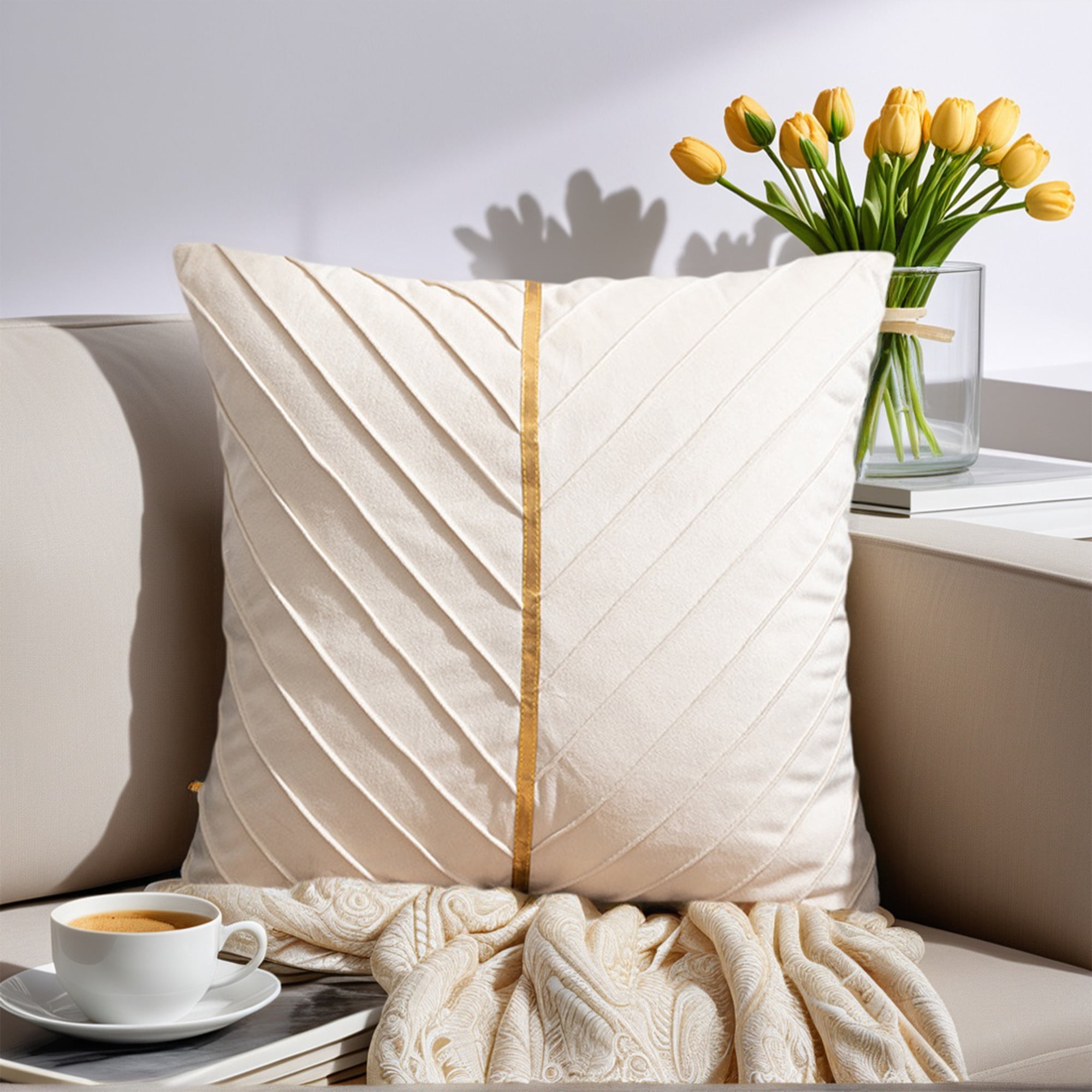 Unique Bargains Velvet Throw Pillow Cover with Gold Striped Cushion White 18" x 18"