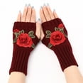 thumbnail image 4 of D-GROEE 1 Pair Women's Wrist Arm Warmers Stretchy Cable Knitted Fingerless Gloves with Flower Embroidery, 4 of 8
