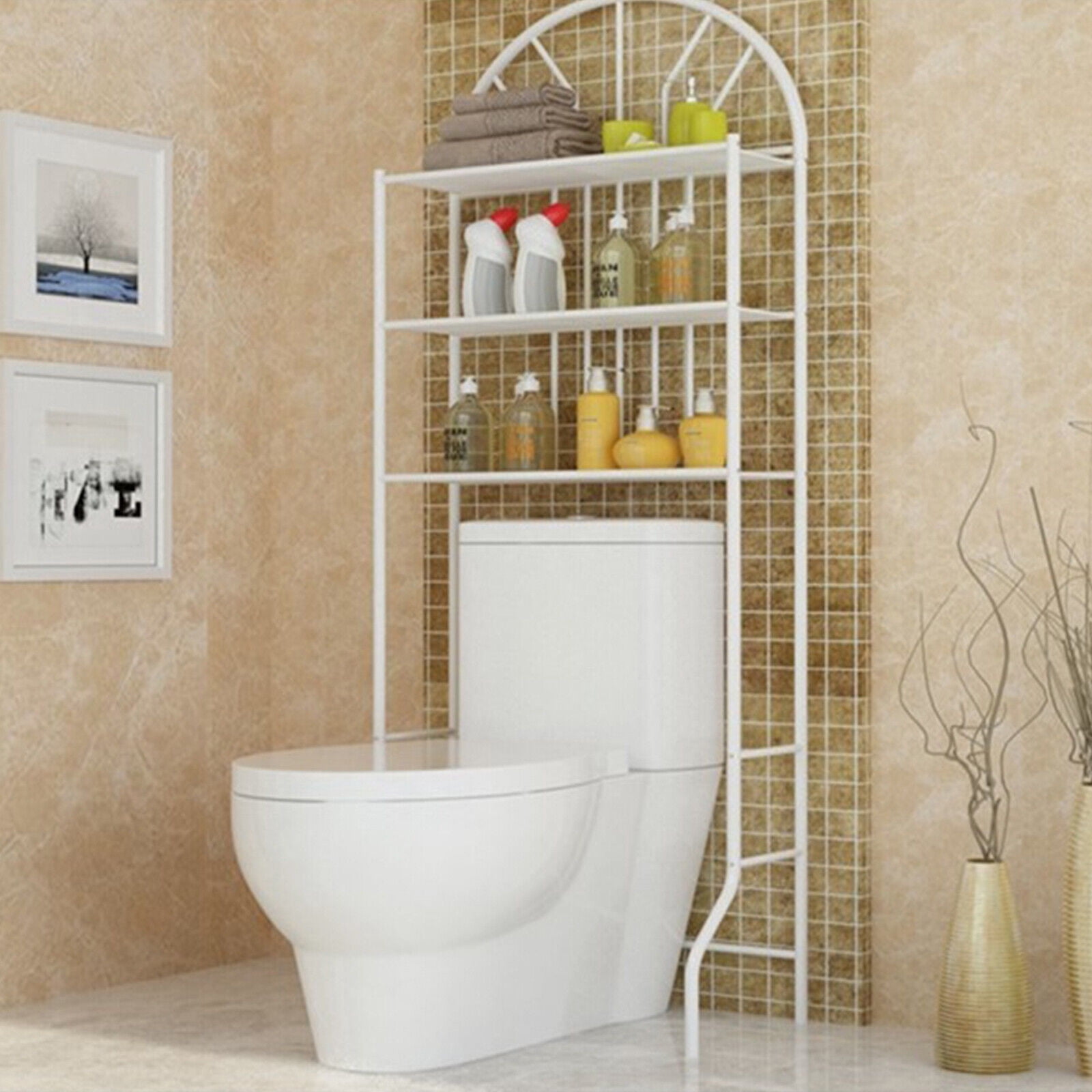 YIYIBYUS 3 Tier Over The Toilet Storage Shelf Iron Bathroom Organizer Storage Rack Freestanding Bathroom Shelves 70" Tall, White