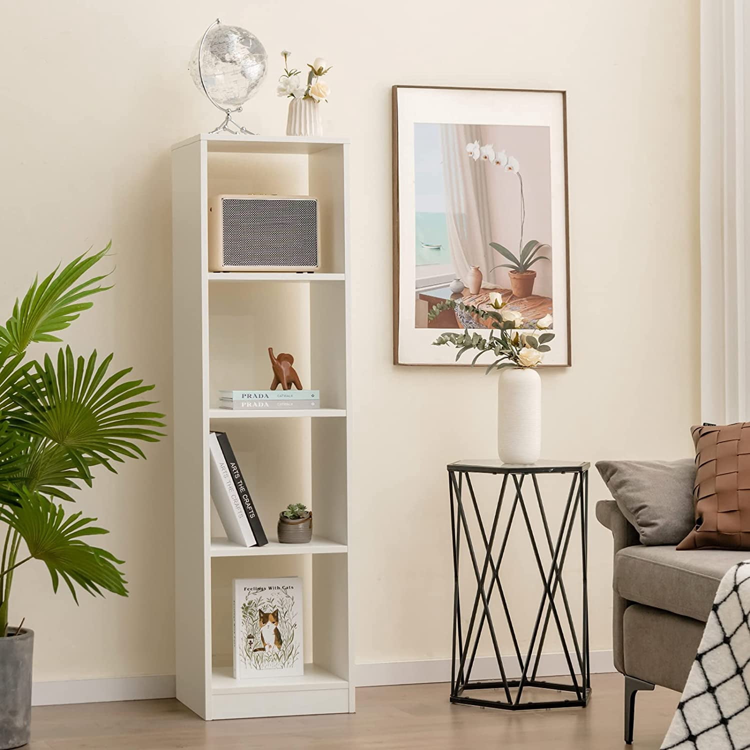 NEWto 4 Cube Vertical Bookcase, 56” Tall Narrow Freestanding Bookshelf with Anti-toppling Fittings, 5-Tier Cube Storage Organizer Display Shelf for Living Room, Study or Bedroom (1, White)