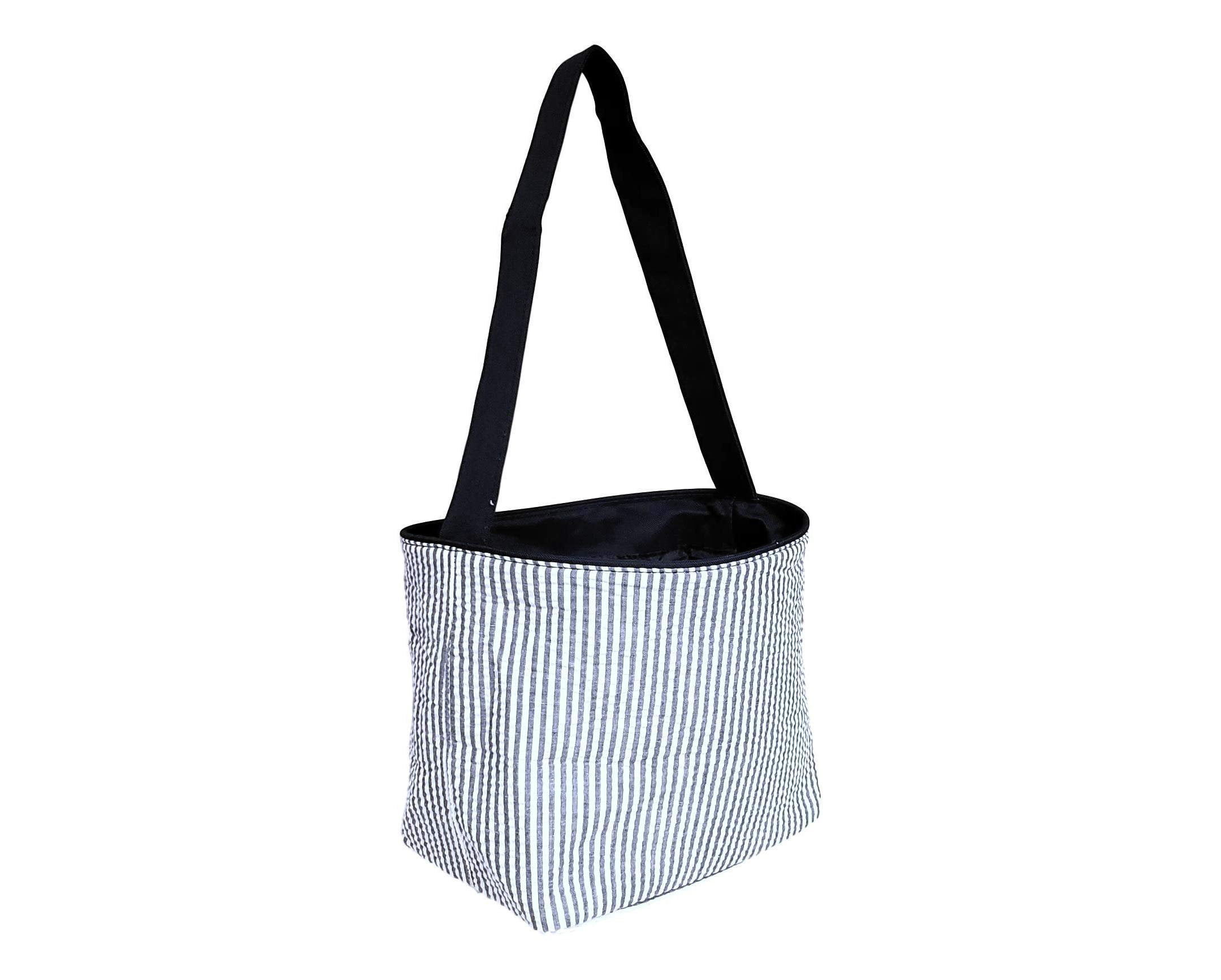SONA G DESIGNS Seersucker Medium Fabric Easter Basket Bucket Tote Bag Black- No Embroidery