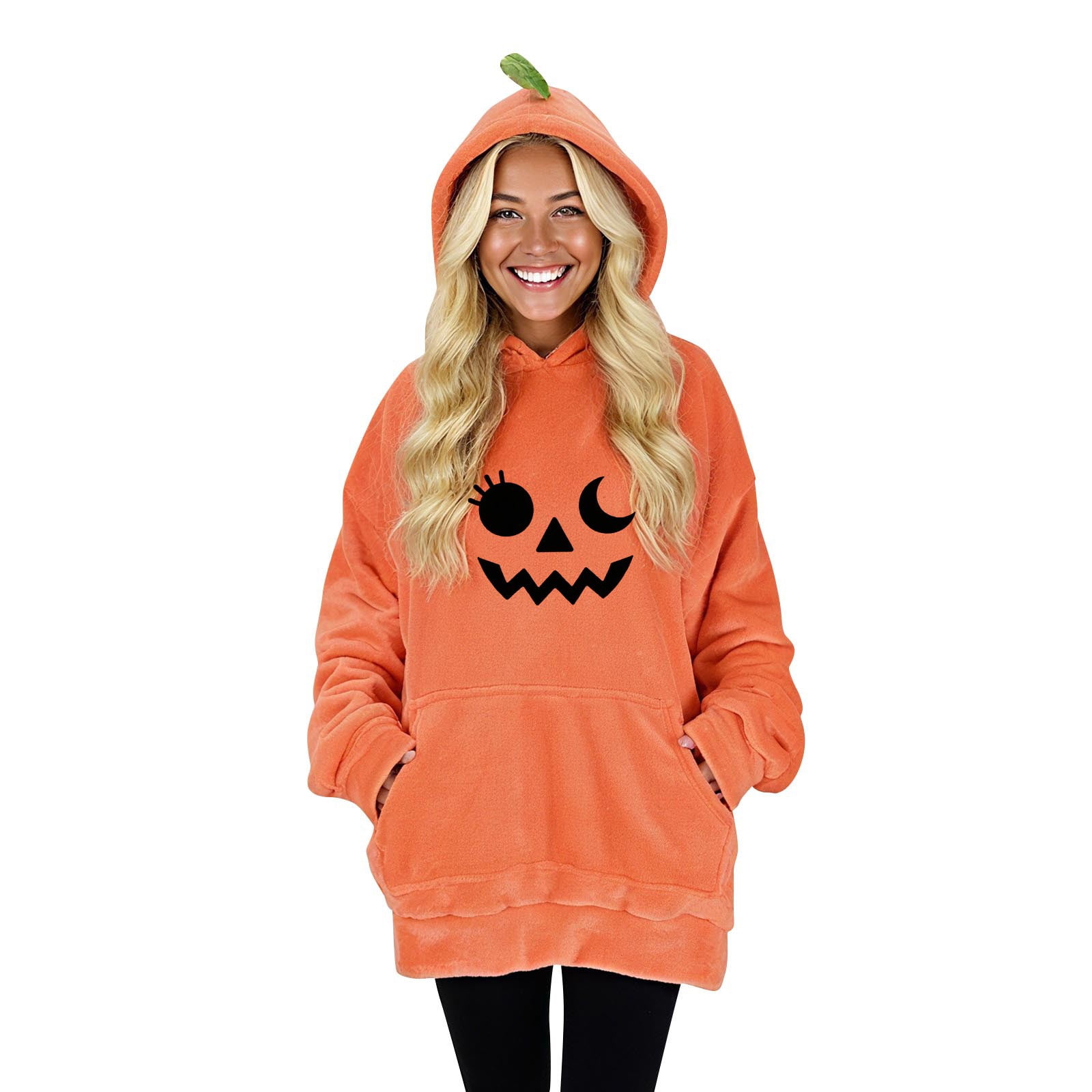 Riecok Plushible Wearable Hoodie Flannel Multifunctional Long Sleeve Pumpkin Sweatshirt with Pocket Cozy Soft Holiday Gifts