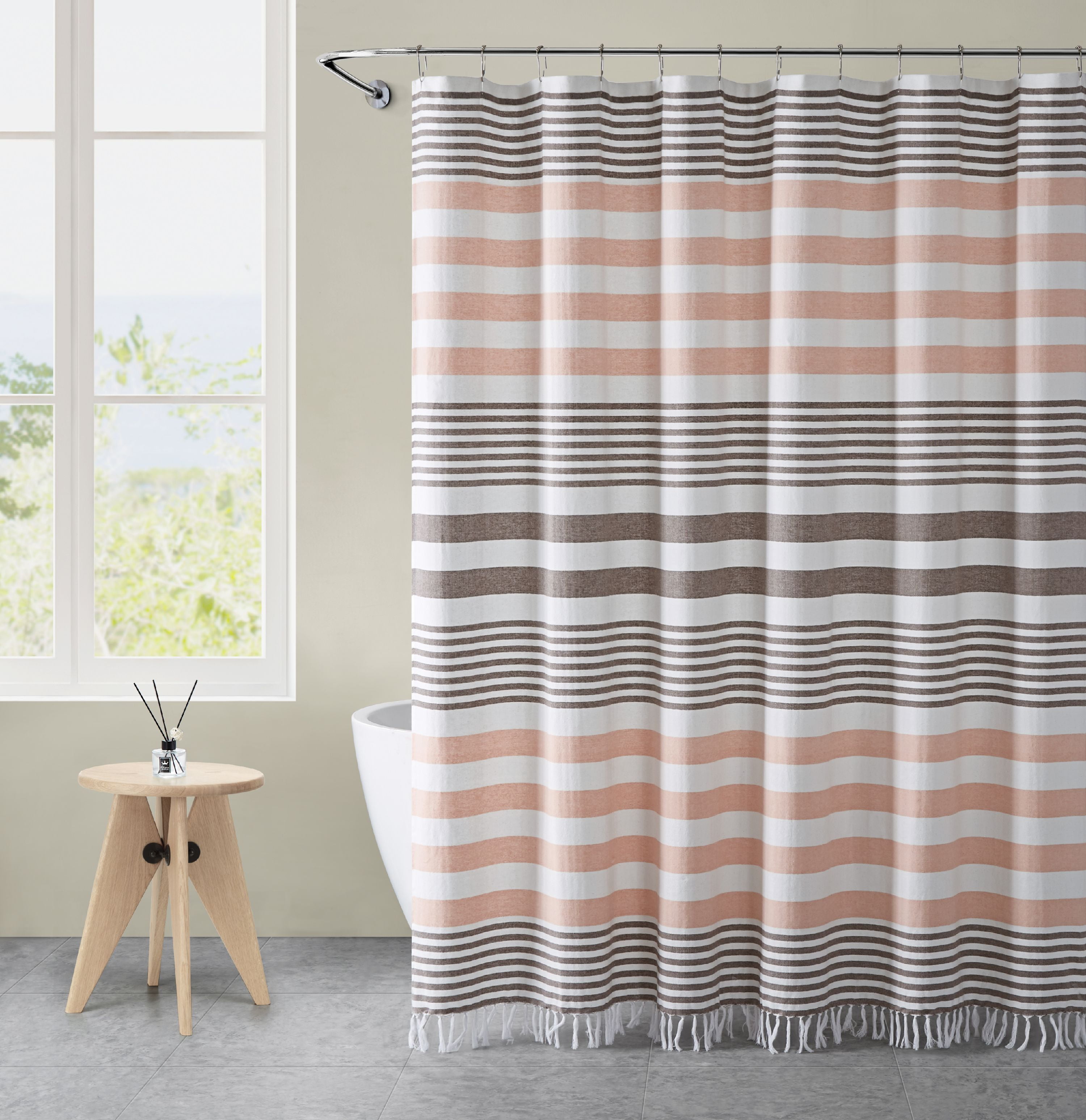 VCNY Home Margot Stripe 72x72 Shower Curtain with Tassle in Grey/Pink