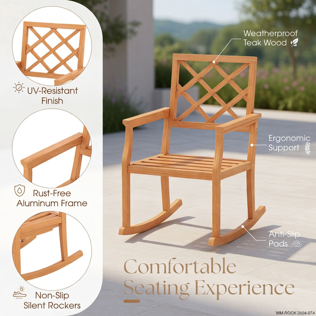 Hommoo Oversized Teak Wood Rocking Chair for Outdoor Patio, Sturdy Indonesian Teak Porch Rocker with Ergonomic Backrest & Slatted Seat, Brown