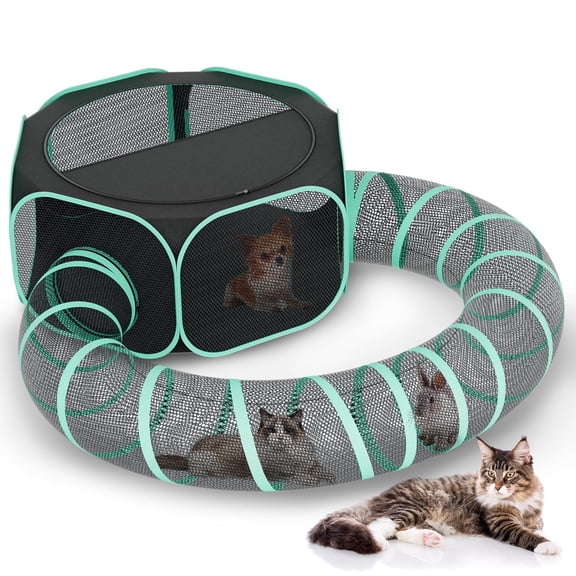 Hutact All-in-1 Pet Playpen with Tunnel for Cats Rabbits Exercise, 47" Portable Cat Playpen with Shade Top for Indoor/Outdoor Travel Small Dog Playpen