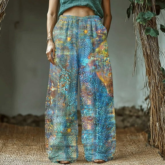 Bzhegqhd Women's Retro Print Cotton and Linen Elastic Waist Bohemian Leaf Casual Trouser Pants with Pocket