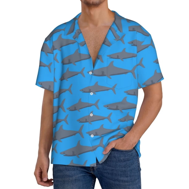 Fotbe Cute Shark Camisa Estampada de Manga Corta para Hombre, Casual de Verano, Estilo Playero, Sin Arrugas-Large