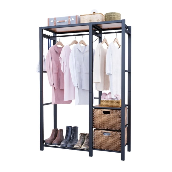 Heavy Duty Clothing Rack with Solid Acacia Wood Surfaces, 2 Handwoven PE Rattan Drawers, 2 Shelves, 2 Hanging Rods, 4 Hooks, Reinforced Steel Frame, Vintage Brown Finish