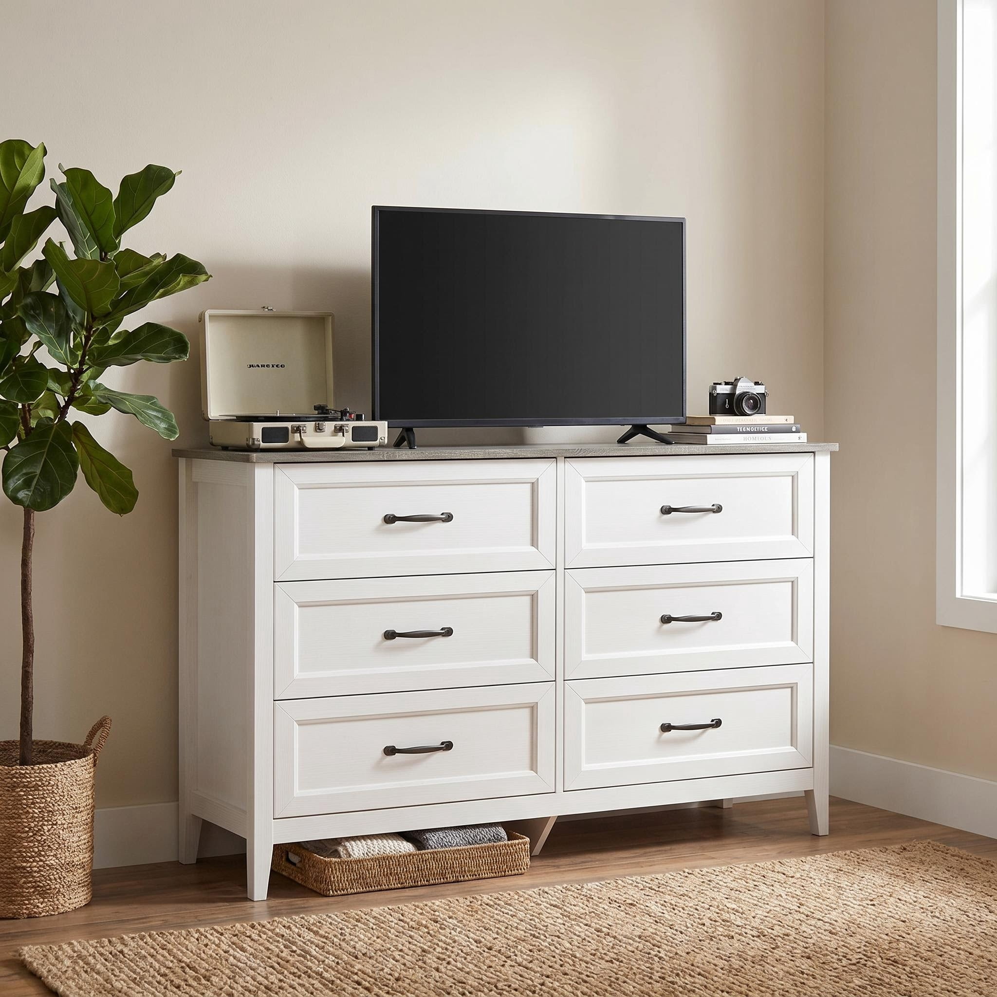 Lofka White Wooden 6 Drawer Dresser for Bedroom, Wide Storage Organizer Cabinet for Closet Living Room