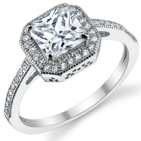 1.25 Carat Princess Cut Micro Pave Milgrain Sterling Silver Engagement Ring with Cubic Zirconia