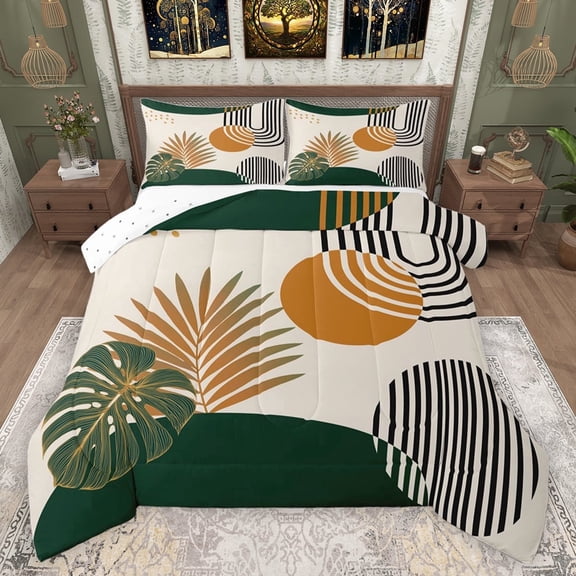 jejeloiu Tropical Monstera Leaf Bedding Comforter Set,Abstract Geometric Stripe Circle Twin Comforter Sets,Green Beige Brown Bedding Set For Men Women,Super Cozy Room Decor Reversible,2 Pieces