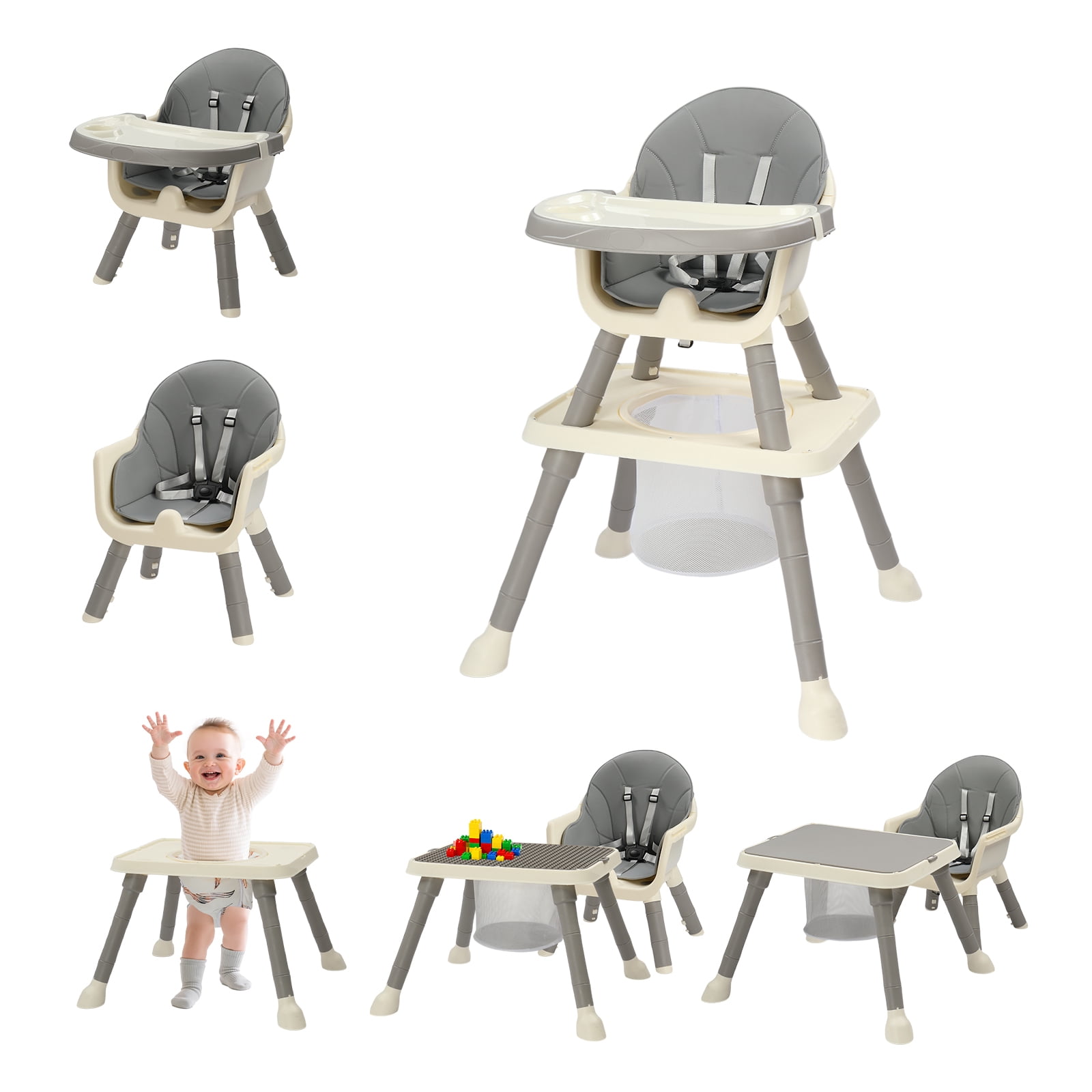 PEXMOR 7 in 1 Convertible Baby High Chair, Leather Cushion Eating Table Chair Set for Babies Toddlers, Gray