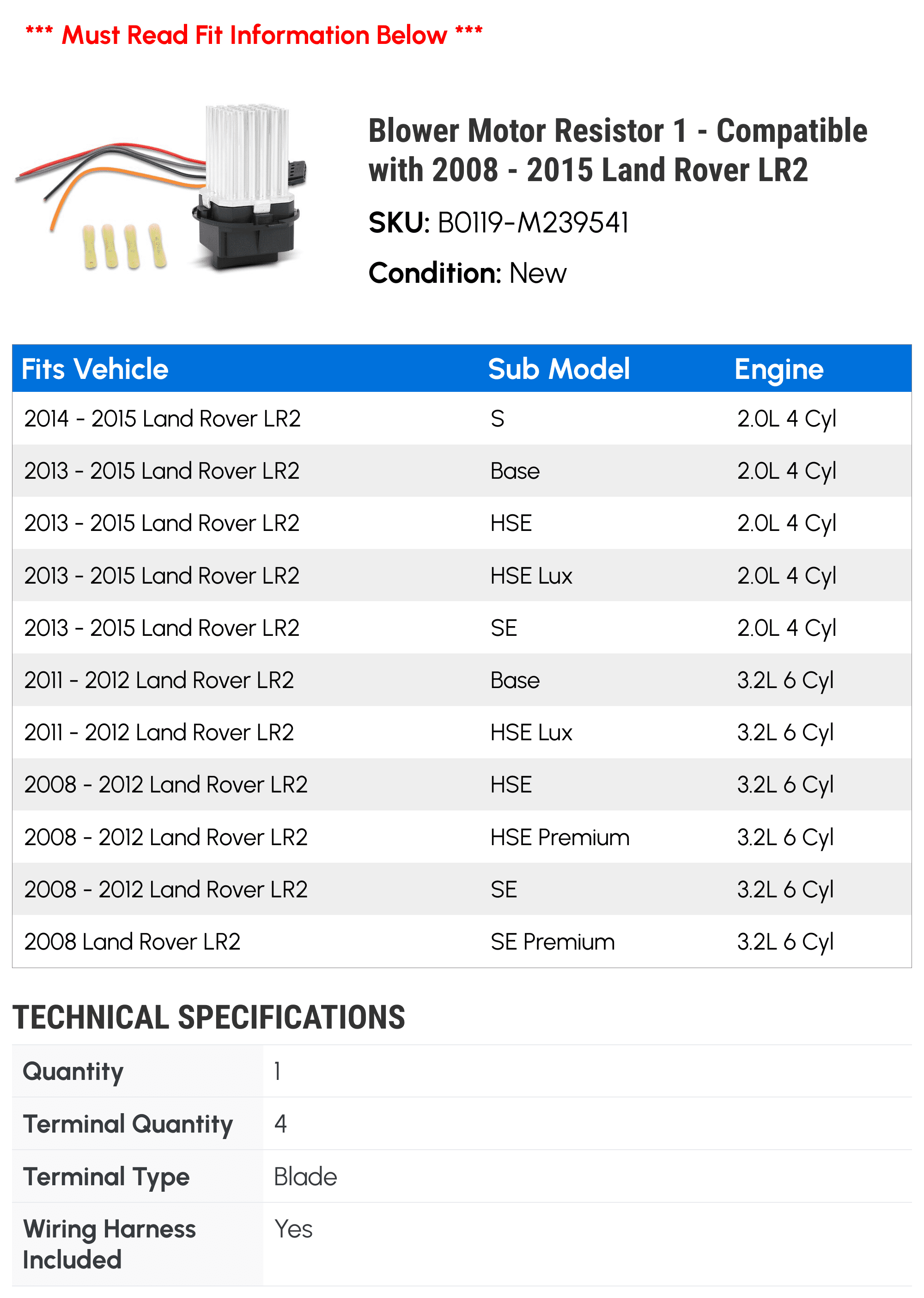 Blower Motor Resistor 1 - Compatible with 2008 - 2015 Land Rover LR2 2009 2010 2011 2012 2013 2014