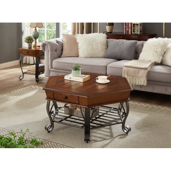 40" Wood Coffee Table, Vintage, Hexagonal, Solid Wood Top, with Drawer Storage, Walnut