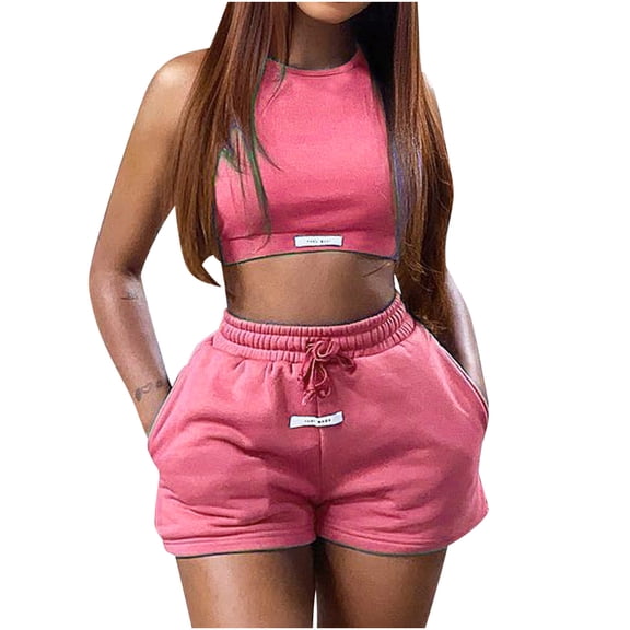 LOVZFMLL Workout Sets for Women Sleeveless Crew Neck Crop Tank Top and Shorts Two Piece Matching Clothing for Athletic Workout Gym Running Pink L