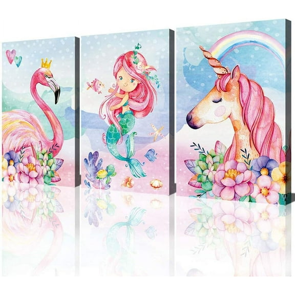 Unicorn Wall Decor Pictures Pink Girls Room Bedroom Bathroom Wall Art Cute Mermaid Flamingo Watercolor Painting Artwork Pink Rainbow Framed Canvas Print Nursery Kids Birthday Gifts 3 Pieces