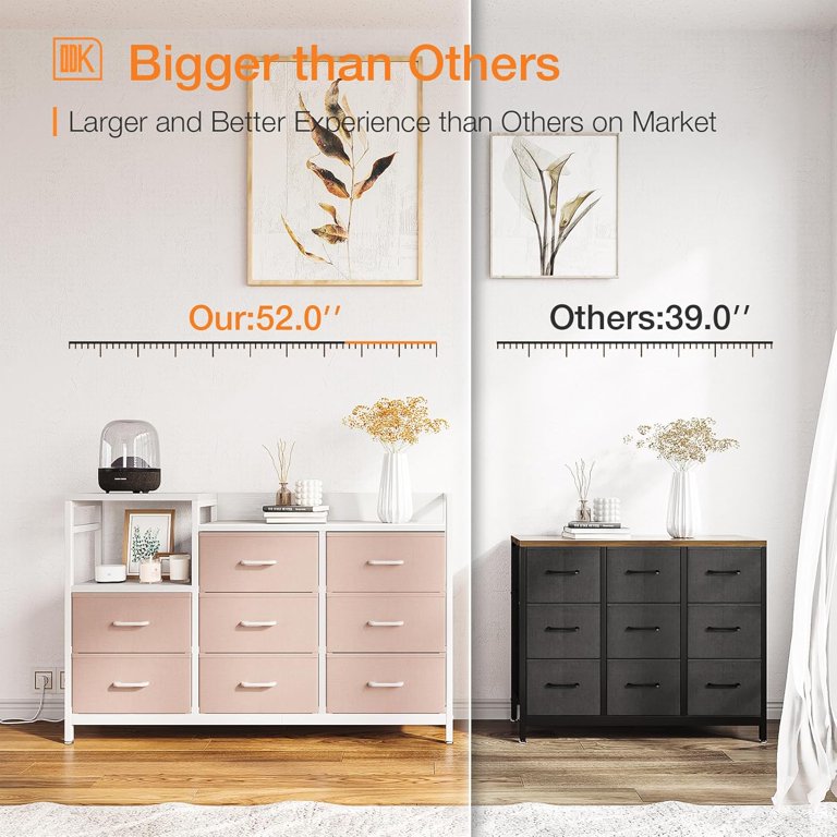 PRZL Dresser with Charging Station, 52-Inch Long Dresser for Bedroom with 8  Storage Drawers, Fabric Dressers Chests of Drawers with Sturdy Steel Frame  ...