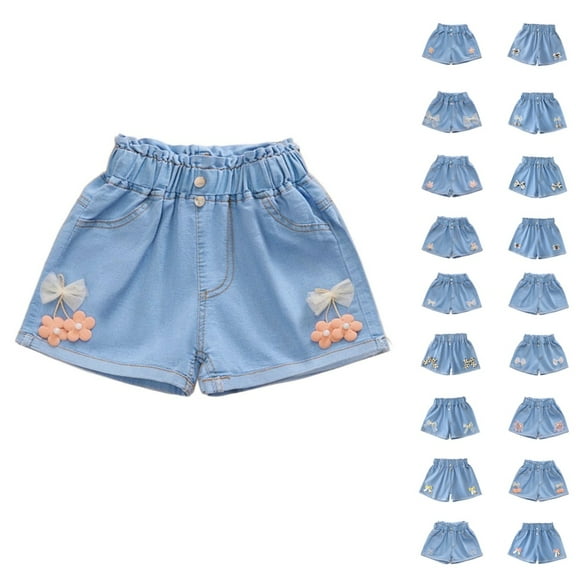 Ugoldhm Girls' Stretch Denim Shorts (4-13Y) Elastic Waist & Cute Design Summer Casual Jean Shorts