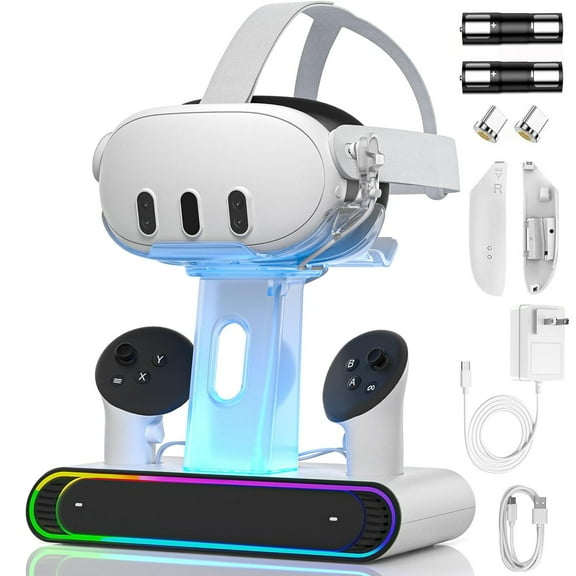 VR Charging Dock for Meta Quest 3/Quest 3S, Fast Charging Station with RGB 2 Rechargeable Batteries for Oculus Quest 3 Accessories, VR Headset Holder Stand & Controller Mount