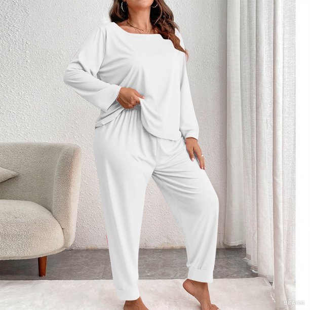 Conjunto de pantalones y blusa de poliéster para mujer, de talla grande, a la moda, de manga larga y color liso, informal, para estar en casa