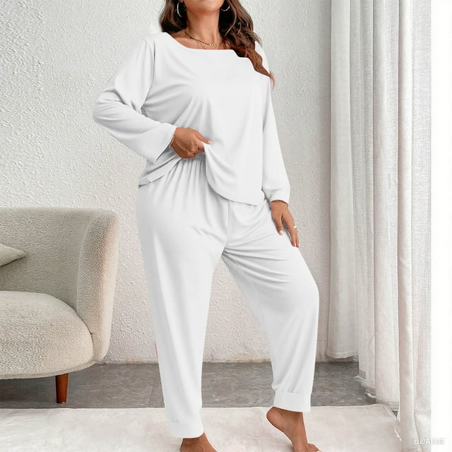 Conjunto de pantalones y blusa de poliéster para mujer, de talla grande, a la moda, de manga larga y color liso, informal, para estar en casa
