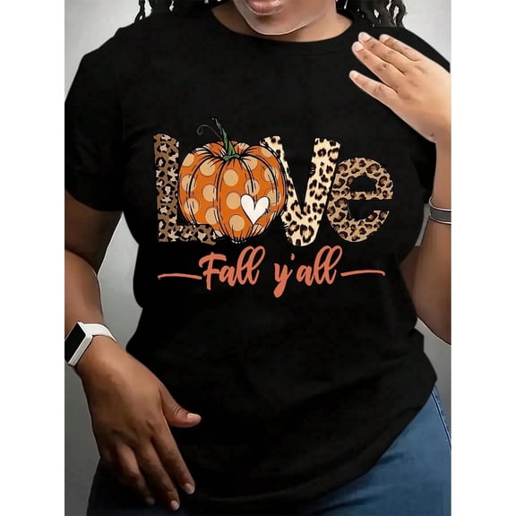 Women's Funny Thanksgiving Graphic T-Shirt - White,Black Crew Neck Tee With Pumpkin & Autumn Leaves Design - Non-Stretch Casual Shirt For Thanksgiving, Halloween, Easter, Mother's Day Gifts