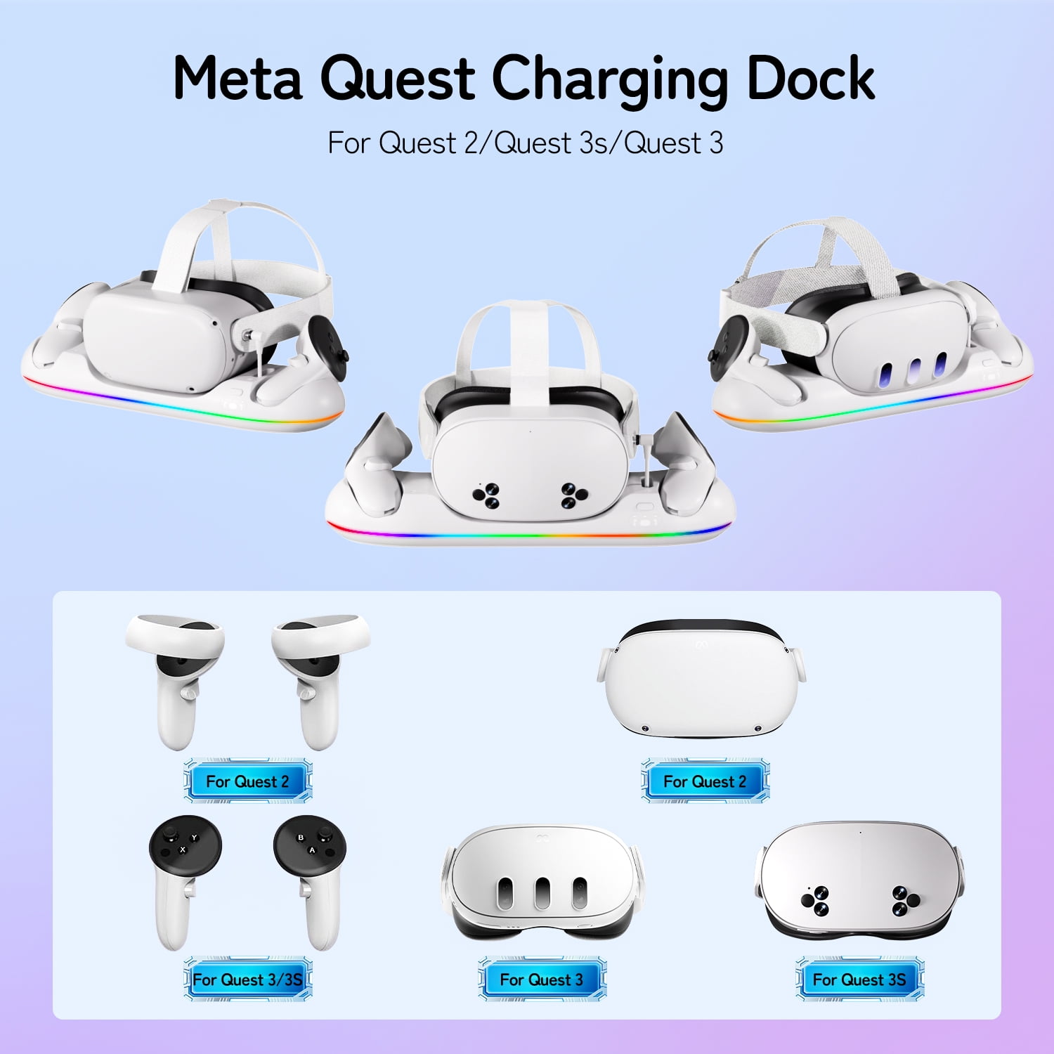 VR Charging Dock for Meta Quest 3/Quest 3S/Quest 2, Magnetic Charging Station for Oculus Quest 3 VR Headset & Controllers, with 2 Rechargeable 2100mAh Batteries, USB-C Charger, Supports LED Indicator