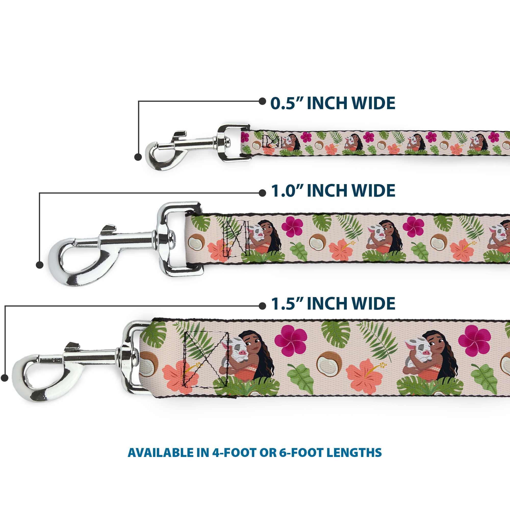 Disney Pet Leash, Dog Leash, Moana Hugging Pua Pose and Tropical Flora Beige, 6 Feet Long 1.0 Inch Wide