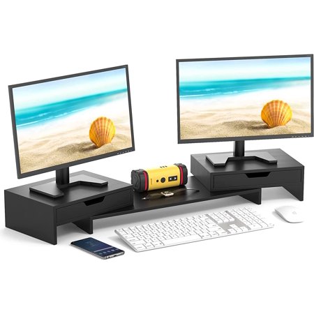 Dual Monitor Stand Riser with Adjustable Length and Angle, Bamboo ...