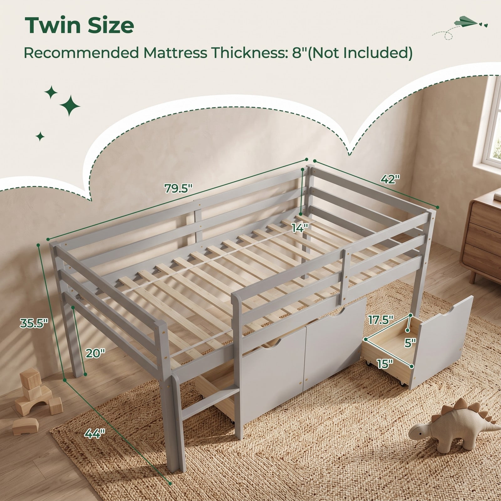 Furnibear Twin Size Low Loft Bed with 3 Drawers and Full-length Guardrails for Kids Bedroom, Wood Loft Bed with Storage and Ladder, Gray
