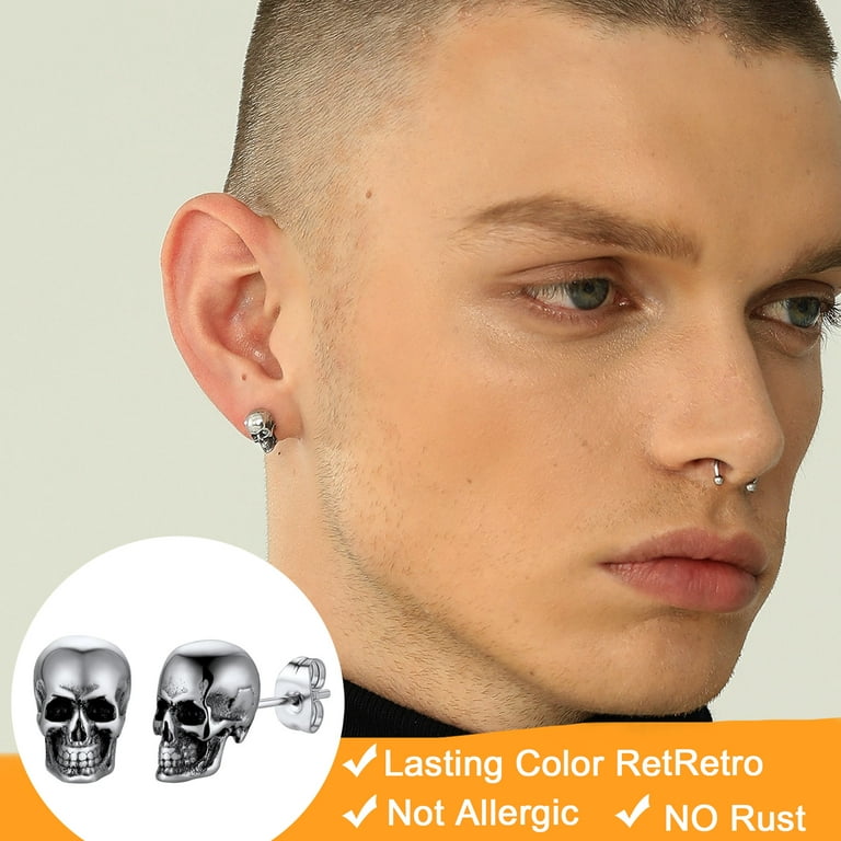 U7 Men Skull Studs Awl Star Head Skull Dangle Drop Earrings Stainless Steel Gothic Punk Style For Teen Boy Girl Gift