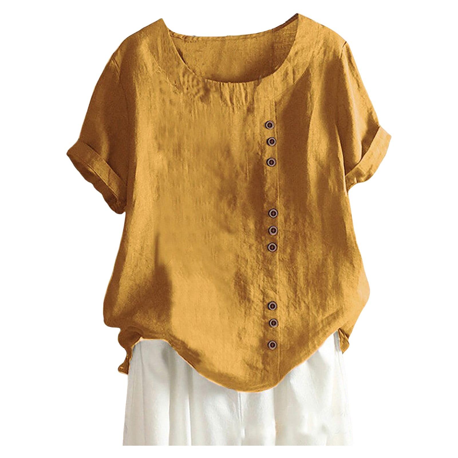 WEIYLL Ladies T Shirts Plus Size Linen Loose Tunic Breathable Boho Solid Yellow Tops Sizes L