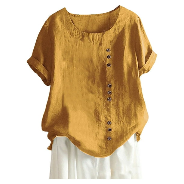 Túnica boho de algodón y lino para mujer en tallas grandes: blusa informal holgada y transpirable, manga 3/4, cuello redondo, tallas S-5XL.