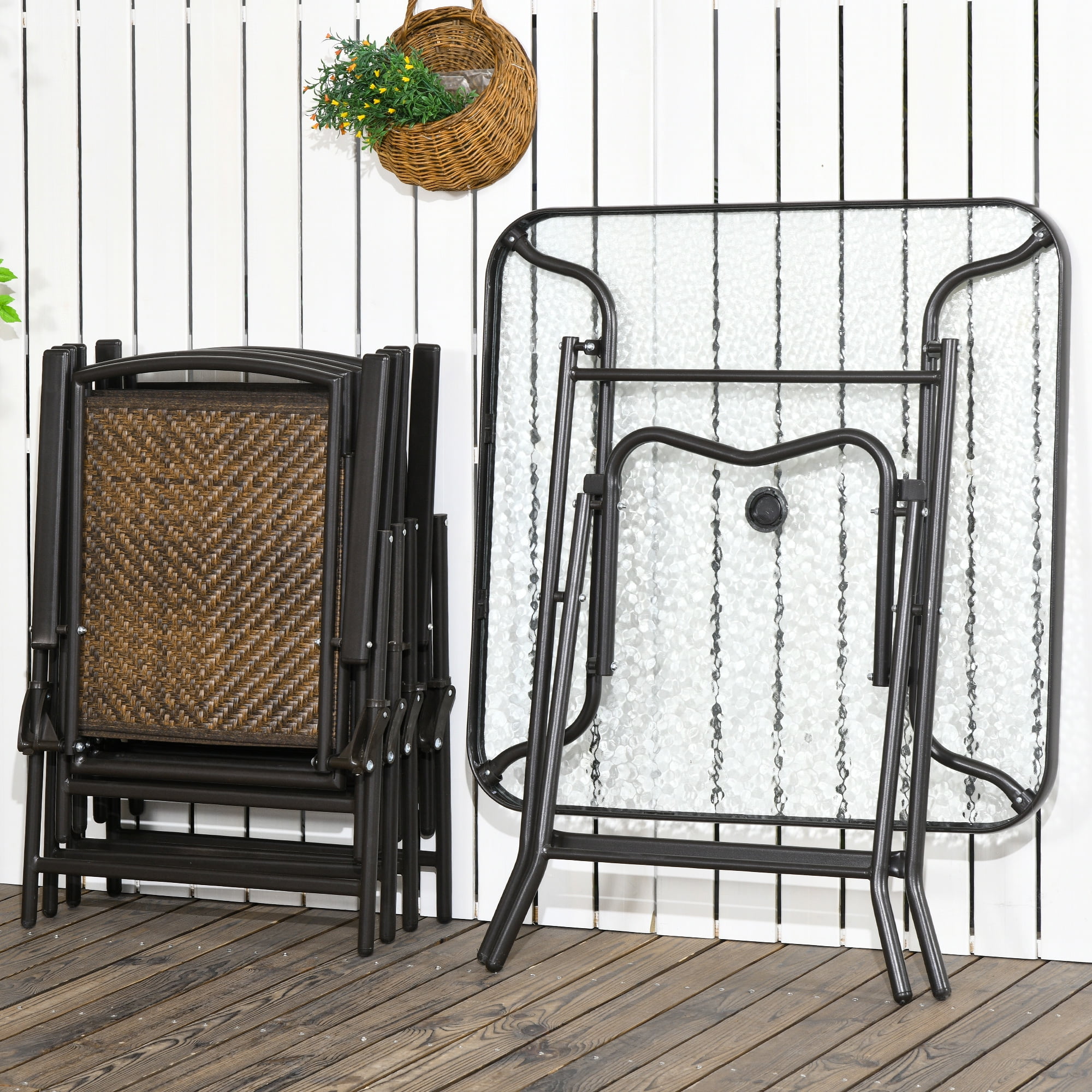 5-Piece Outdoor Patio Dining Set,Wicker Furniture Dining Set with Umbrella Hole,Foldable Outdoor Table and Chairs for Patio, Lawn, Garden,Brown