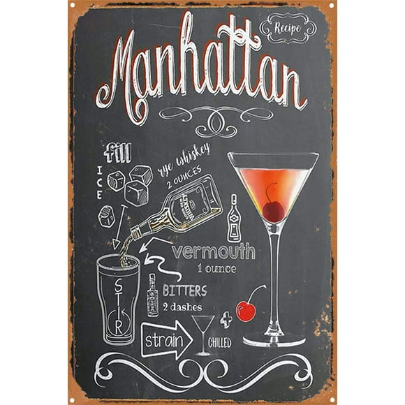 Manhattan Cocktail Recipe Tin Metal Signs Vintage Sign,Chic Art Decoration Poster Wall Art Decoration 12x8 Inch Metal Tin Sign
