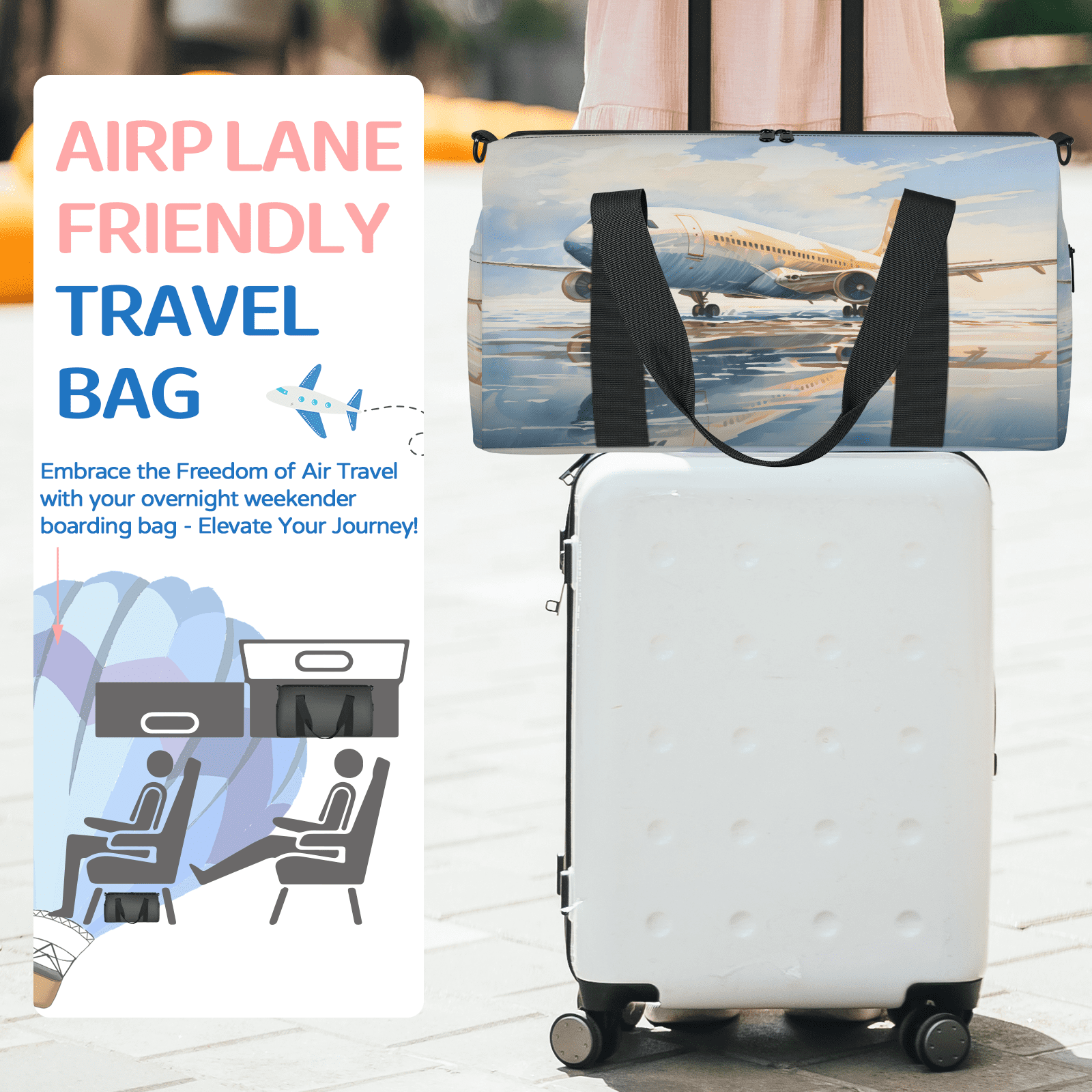 Herdesigns Airplane Airport Travel Duffle Bag Sports Yoga Weekender Overnight Carry on Workout Bags Lightweight Waterproof Gym Tote Bag for Women