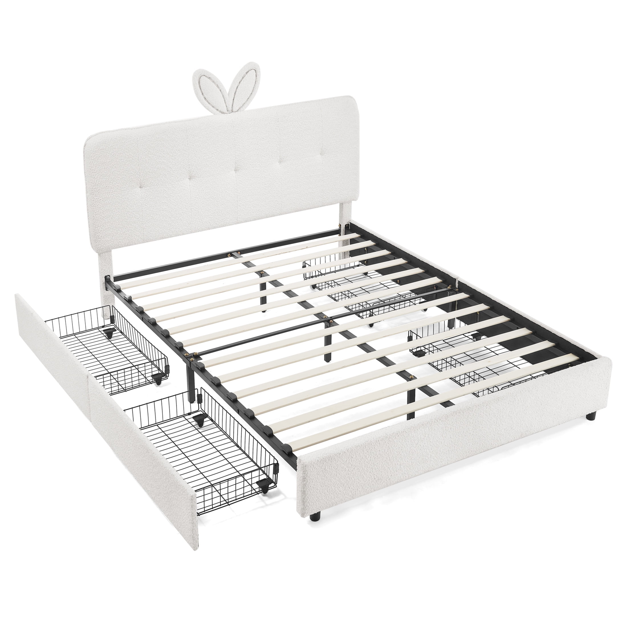 Noble House Bertis Queen Size Boucle Kids Bed, Rabbit Ear Headboard Bed Frame with LED Light and Storage Drawers, Beige